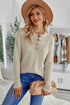 Henley Button Placket Side Slit Drop Shoulder Pullover Knit Sweater